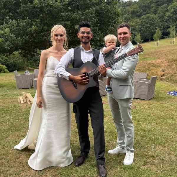 Puskar with Charlotte & Tadd at their Devon wedding